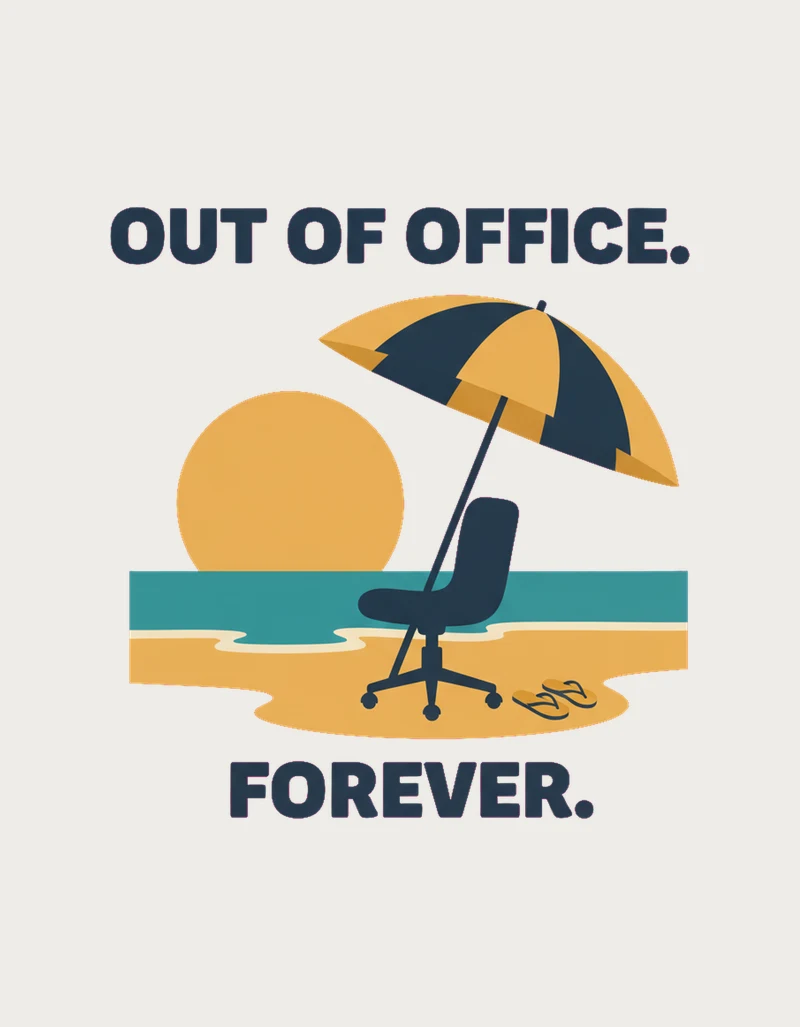 Retro travel poster illustration of a black office chair on a beach under a navy and mustard umbrella, with a pair of thongs and the words Out of Office. Forever.