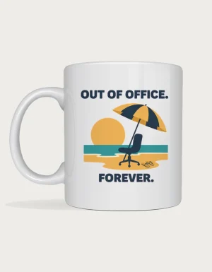 Funny retirement gift mug with a retro travel poster of an office chair on a beach under a striped umbrella and the words Out of Office. Forever. on a white ceramic mug