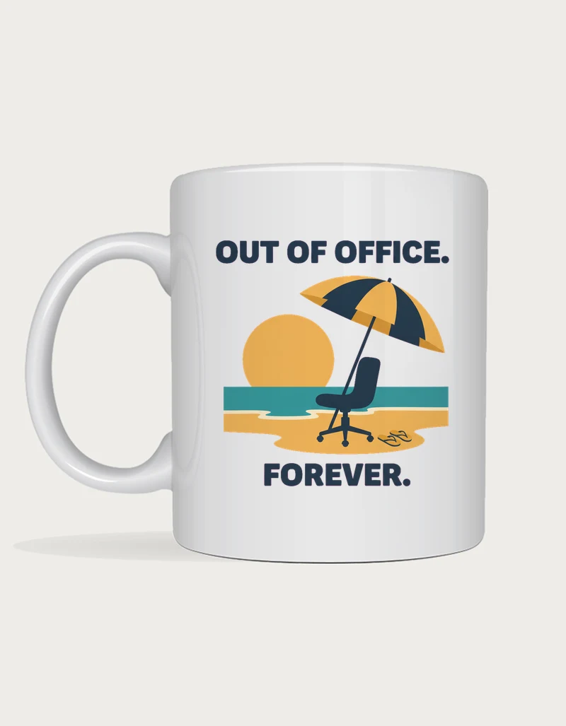 Funny retirement gift mug with a retro travel poster of an office chair on a beach under a striped umbrella and the words Out of Office. Forever. on a white ceramic mug