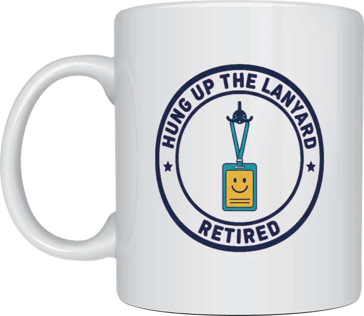 Retirement gift for a coworker mug with a retro navy badge showing a lanyard and ID card on a hook and the words Hung Up the Lanyard, Retired, on a white ceramic mug