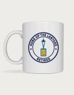 Retirement gift for a coworker mug with a retro navy badge showing a lanyard and ID card on a hook and the words Hung Up the Lanyard, Retired, on a white ceramic mug