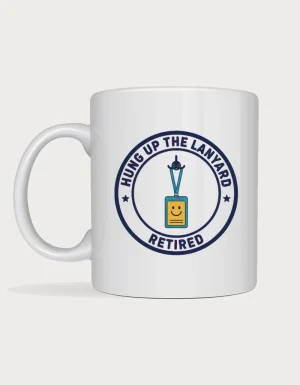 Retirement gift for a coworker mug with a retro navy badge showing a lanyard and ID card on a hook and the words Hung Up the Lanyard, Retired, on a white ceramic mug