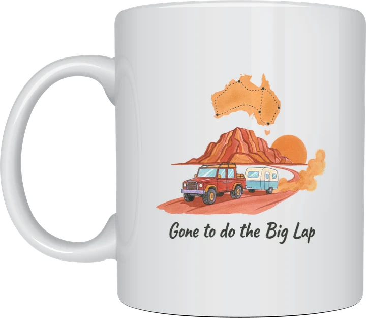 Grey nomad retirement gift mug with a watercolour 4WD and caravan on a red dirt outback road, a map of Australia and the words Gone to do the Big Lap, on a white ceramic mug