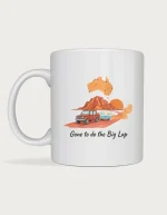 Grey nomad retirement gift mug with a watercolour 4WD and caravan on a red dirt outback road, a map of Australia and the words Gone to do the Big Lap, on a white ceramic mug