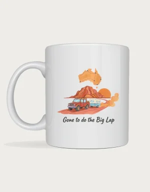 Grey nomad retirement gift mug with a watercolour 4WD and caravan on a red dirt outback road, a map of Australia and the words Gone to do the Big Lap, on a white ceramic mug