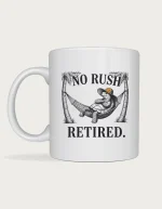 Retirement gift for men mug with a vintage engraving of a tortoise in a sunhat relaxing in a hammock between two palm trees and the words No Rush Retired, on a white ceramic mug