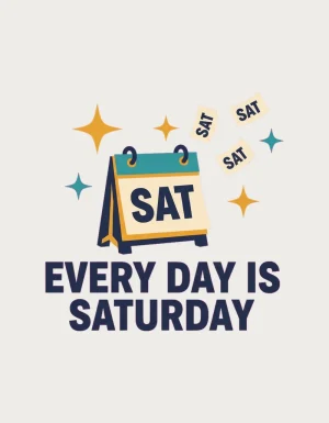 Mid-century flat illustration of a tear-off desk calendar reading SAT with loose SAT pages fluttering away and starbursts, above the words Every Day Is Saturday