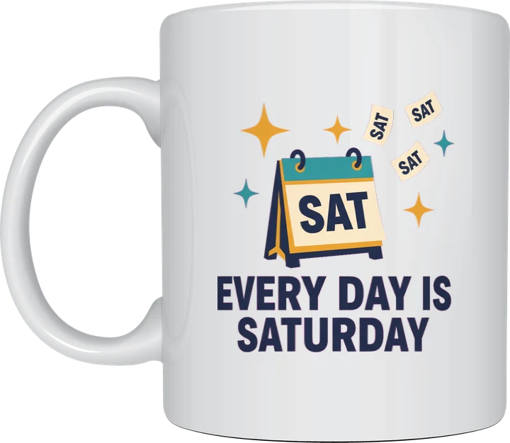 Retirement gift idea mug with a mid-century desk calendar showing SAT on every page and the words Every Day Is Saturday, on a white ceramic mug