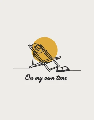 Minimal black line drawing of a deck chair with a sunhat on it and an open book beside it, in front of a mustard yellow sun, with On my own time in script