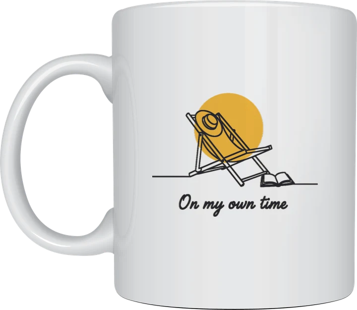 Retirement gift for women mug with minimal line art of a deck chair, sunhat and open book in front of a golden sun and the words On my own time, on a white ceramic mug