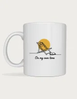Retirement gift for women mug with minimal line art of a deck chair, sunhat and open book in front of a golden sun and the words On my own time, on a white ceramic mug