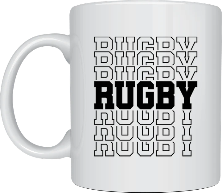 Rugby mug - bold repeated Rugby text design