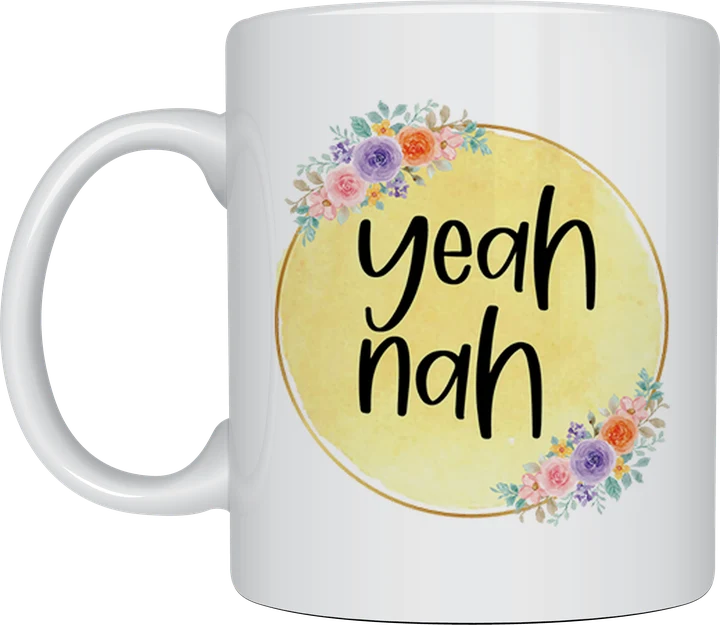 Aussie slang mug - yellow watercolour circle with flowers and the text Yeah Nah