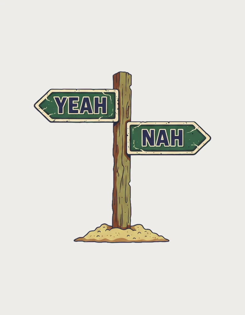 Outback wooden signpost with two green enamel arrows, one reading YEAH and the other NAH, on a mound of dirt - flat print artwork for the yeah nah mug