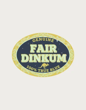 Vintage oval label reading Genuine Fair Dinkum 100% True Blue with a small kangaroo, in navy, mustard and cream - flat print artwork for the fair dinkum mug