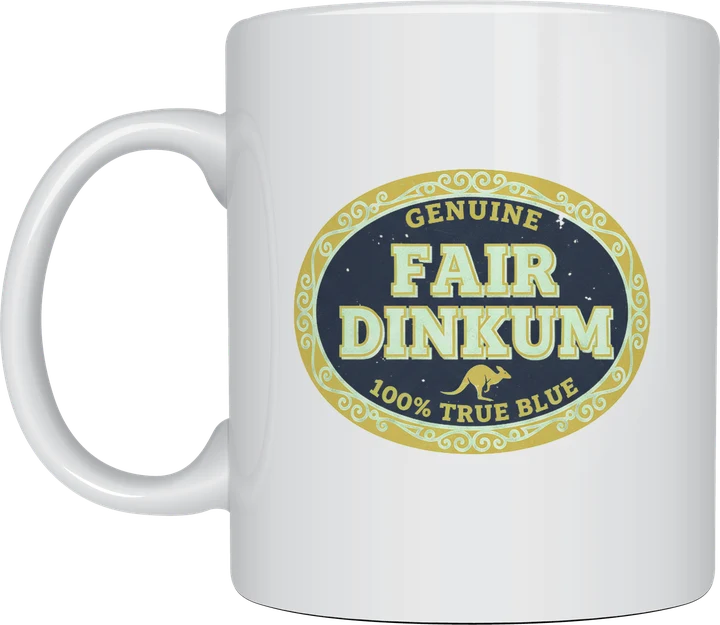 Fair dinkum mug: Vintage oval label reading Genuine Fair Dinkum 100% True Blue with a small kangaroo, in navy, mustard and cream