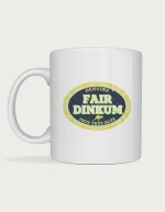 Fair dinkum mug: Vintage oval label reading Genuine Fair Dinkum 100% True Blue with a small kangaroo, in navy, mustard and cream