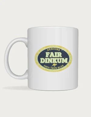 Fair dinkum mug: Vintage oval label reading Genuine Fair Dinkum 100% True Blue with a small kangaroo, in navy, mustard and cream