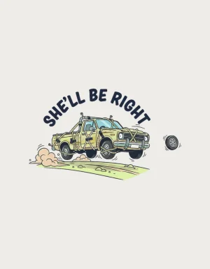 Cartoon ute held together with rope and tape bouncing down a dirt road, a hubcap flying off, under the words She'll Be Right - flat print artwork for the she'll be right mug