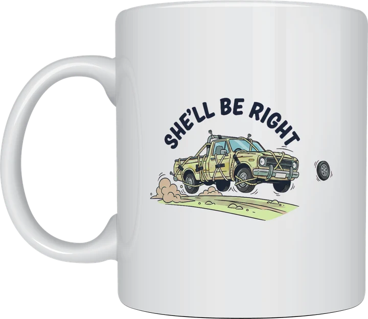 She'll be right mug: Cartoon ute held together with rope and tape bouncing down a dirt road, a hubcap flying off, under the words She'll Be Right