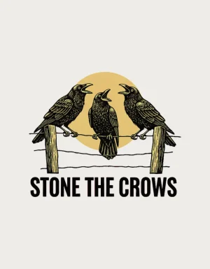 Black linocut of three startled crows on a fence wire between two posts in front of an ochre sun, above the words Stone the Crows - flat print artwork for the stone the crows