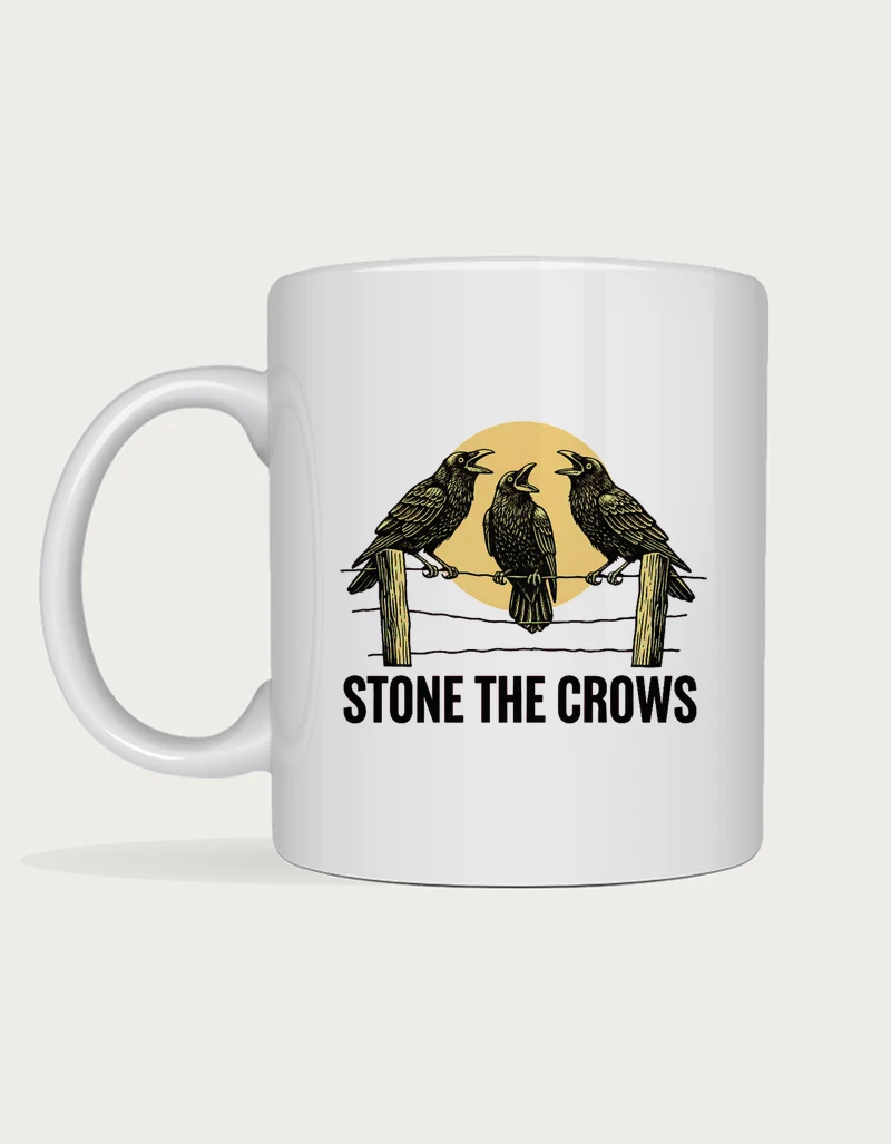 Stone the crows: Black linocut of three startled crows on a fence wire between two posts in front of an ochre sun, above the words Stone the Crows