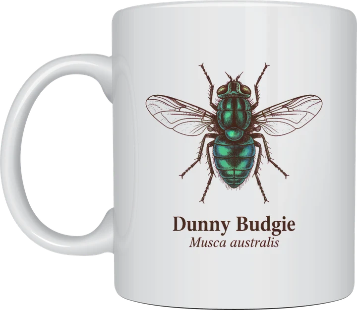 Dunny budgie: Scientific museum-style illustration of a blowfly with spread wings, captioned Dunny Budgie, Musca australis