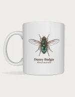 Dunny budgie: Scientific museum-style illustration of a blowfly with spread wings, captioned Dunny Budgie, Musca australis