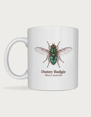 Dunny budgie: Scientific museum-style illustration of a blowfly with spread wings, captioned Dunny Budgie, Musca australis
