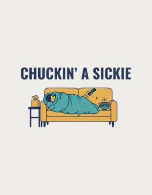 Risograph-style person wrapped in a teal doona like a burrito on a yellow couch holding a TV remote, under the words Chuckin' a Sickie - flat print artwork for the chuckin' a sickie mug