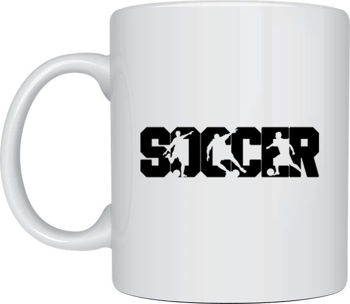 Soccer mug - player silhouettes cut into Soccer text