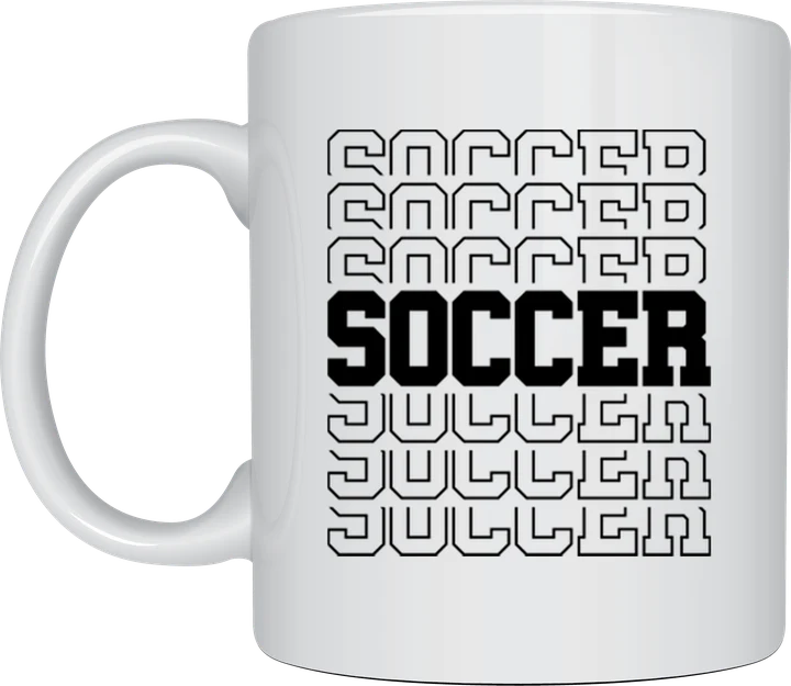 Soccer mug - repeated outlined SOCCER text in black and white
