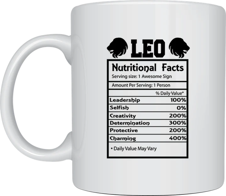 Zodiac mug - Leo Nutritional Facts label with lion heads and personality traits
