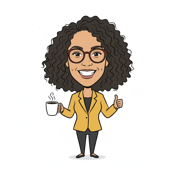 Cartoon caricature of the same woman holding a mug and giving a thumbs up