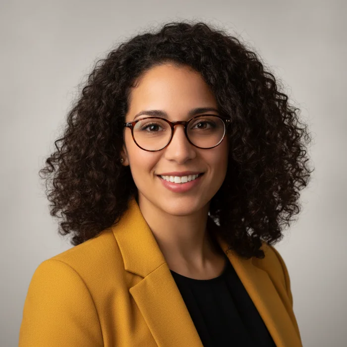 Staff headshot of a woman with curly dark hair, round glasses and a mustard blazer