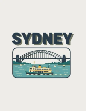 Retro postcard with the word Sydney above a green and cream ferry on the harbour in front of the Harbour Bridge - flat print artwork for the sydney mug