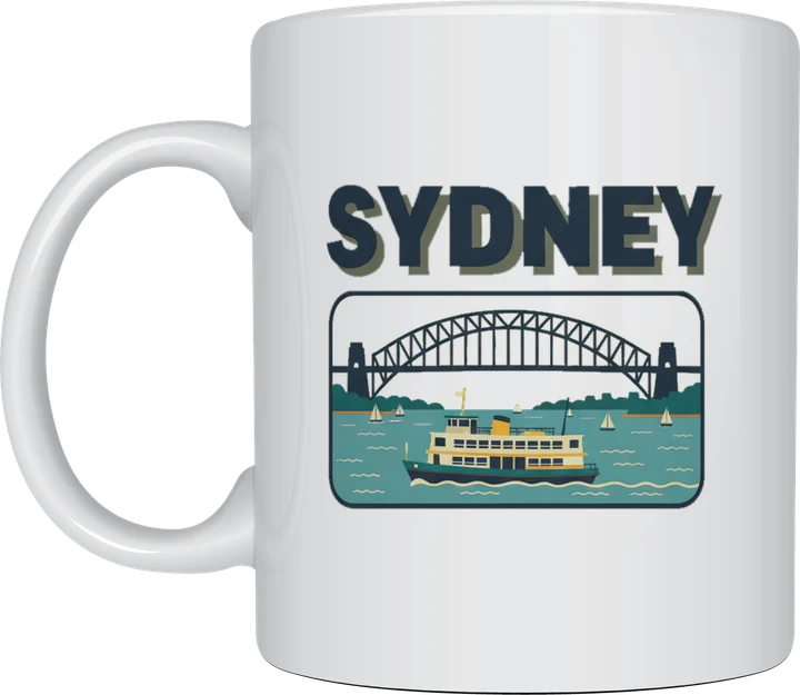 Sydney mug: Retro postcard with the word Sydney above a green and cream ferry on the harbour in front of the Harbour Bridge