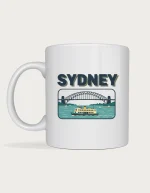 Sydney mug: Retro postcard with the word Sydney above a green and cream ferry on the harbour in front of the Harbour Bridge