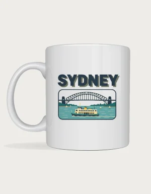 Sydney mug: Retro postcard with the word Sydney above a green and cream ferry on the harbour in front of the Harbour Bridge