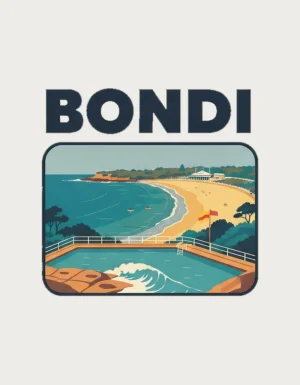 Retro postcard with the word Bondi above a view of the ocean rock pool and the curve of Bondi Beach from the coastal walk - flat print artwork for the bondi mug