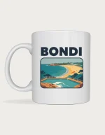 Bondi mug: Retro postcard with the word Bondi above a view of the ocean rock pool and the curve of Bondi Beach from the coastal walk