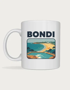 Bondi mug: Retro postcard with the word Bondi above a view of the ocean rock pool and the curve of Bondi Beach from the coastal walk
