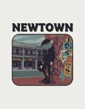 Retro postcard with the word Newtown above an emo rat in a black hoodie holding a vinyl record against a street art wall, with King Street terrace shops behind - flat print artwork for the newtown mug
