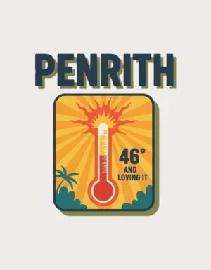 Retro postcard with the word Penrith above a bursting thermometer under a blazing sun, reading 46 degrees and loving it - flat print artwork for the penrith mug