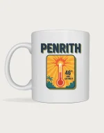 Penrith mug: Retro postcard with the word Penrith above a bursting thermometer under a blazing sun, reading 46 degrees and loving it