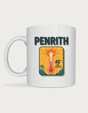 Penrith mug: Retro postcard with the word Penrith above a bursting thermometer under a blazing sun, reading 46 degrees and loving it