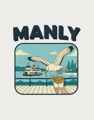 Retro postcard with the word Manly above a seagull swooping to steal hot chips on the deck of a Manly ferry - flat print artwork for the manly mug