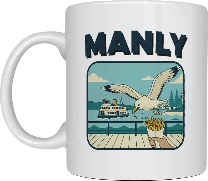 Manly mug: Retro postcard with the word Manly above a seagull swooping to steal hot chips on the deck of a Manly ferry