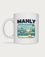 Manly mug: Retro postcard with the word Manly above a seagull swooping to steal hot chips on the deck of a Manly ferry