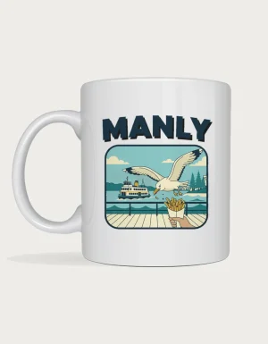 Manly mug: Retro postcard with the word Manly above a seagull swooping to steal hot chips on the deck of a Manly ferry